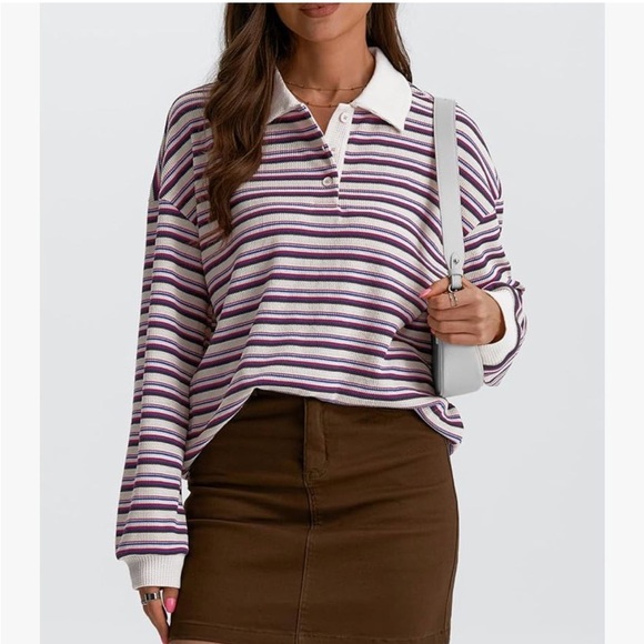 Trendy Queen Tops - Trendy Queen Women's Oversized Striped Polo Sweatshirt